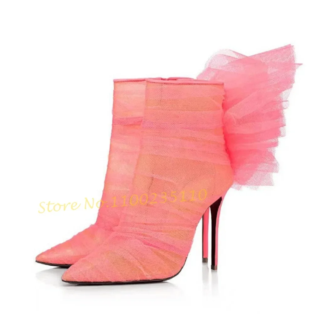 Mesh Trim Elegant Ankle Boots Female Butterfly 2022 Newest High Stiletto Heels Nubuck Shoes Flower Patchwork Party Designe Women