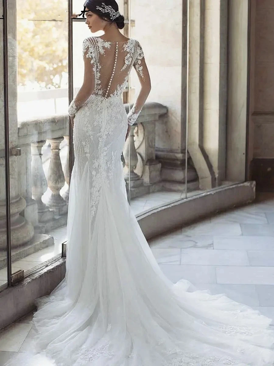 Robe de Mariée de Luxe avec Traîne Amovible, Manches sulf, Appliques en Dentelle, Forme Trapèze, Quelle que soit la Chérie, 2024