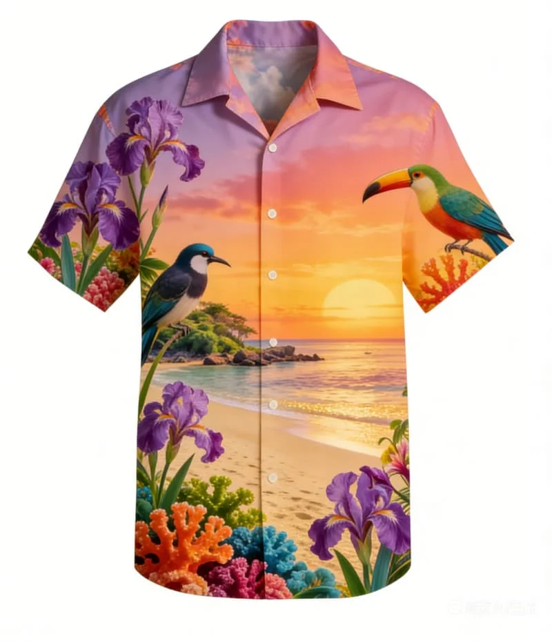 Men's Stunning Scenic Landscape Print Short Sleeve Shirt, Vibrant Nature Tropical Graphic for Summer Casual and Vacation Wear