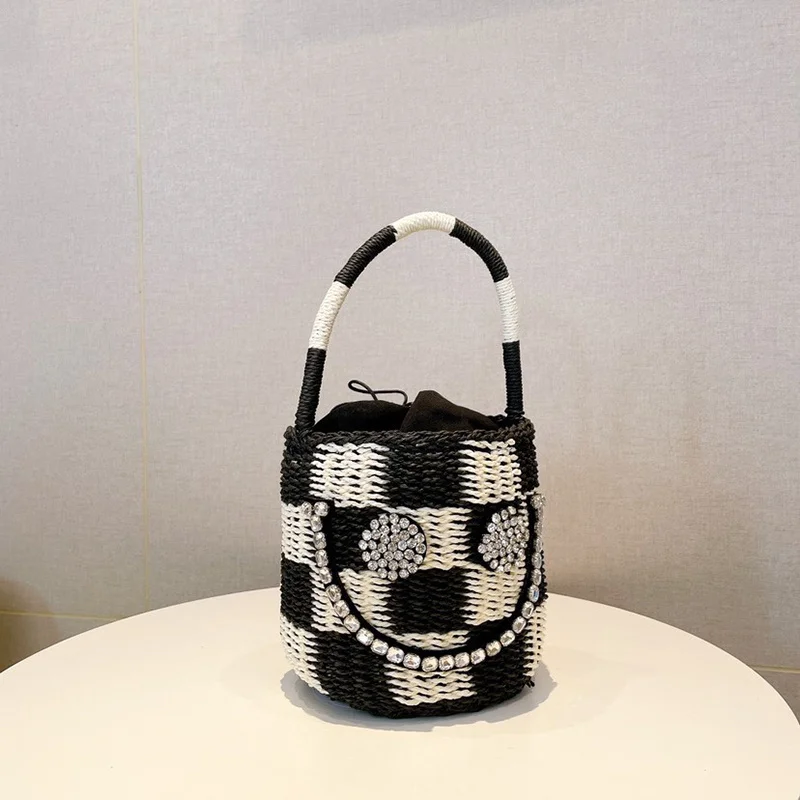 

Women's 2023 New Handbags Bags Designer Hit Color Retro Rhinestone Smiley Straw Woven Pumping Basket