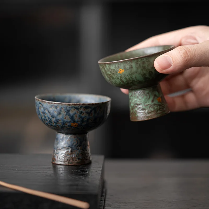 Luxuriöse Keramik-Teetasse Alte Felsmasse Bronze-Glasur Silbervergoldung Einzigartige Chinesische Teetasse Hochfuß-Design Wohndekor Tee-Set