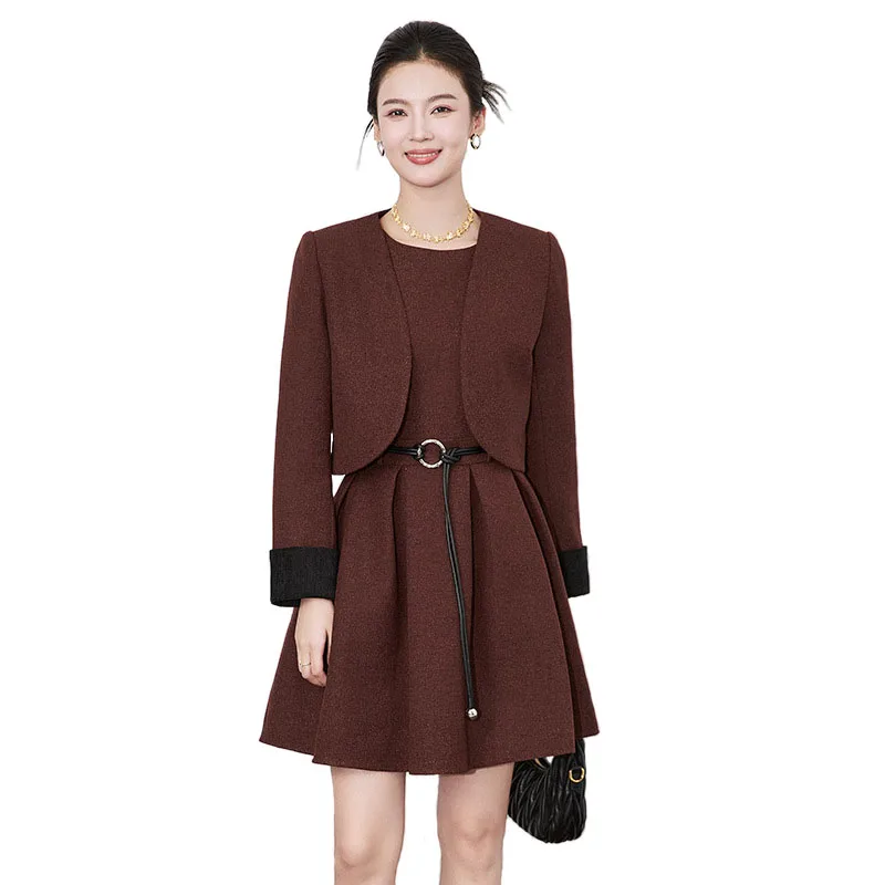 Elegant 2-Piece Dress Set for Lady Short Coat A-Line Mini Pleated Dresses Slim Korean Fashion Female Suit Spring Autumn New