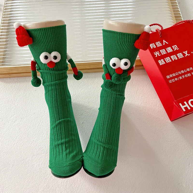 Classic Christmas-Themed Magnetic Socks Cute Cartoon Eye-Printed Hand-Holding Cotton Knee-High Socks Unisex Chic Christmas Gifts