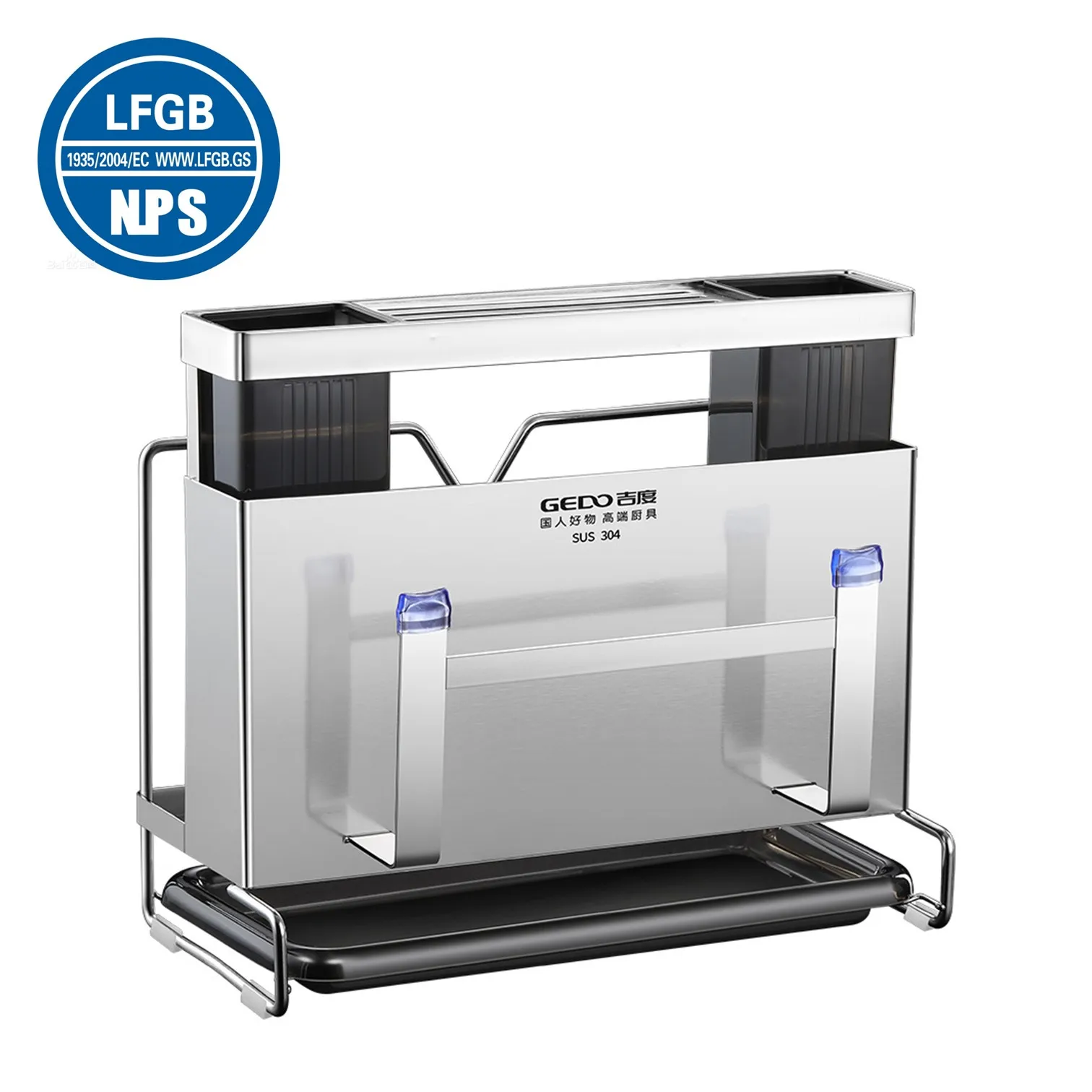 

LFGB Certificated Pure 304 Stainless Steel Kitchen Organizer Cutlery Knives Cover Cutting Board Collection Base with Water Plate