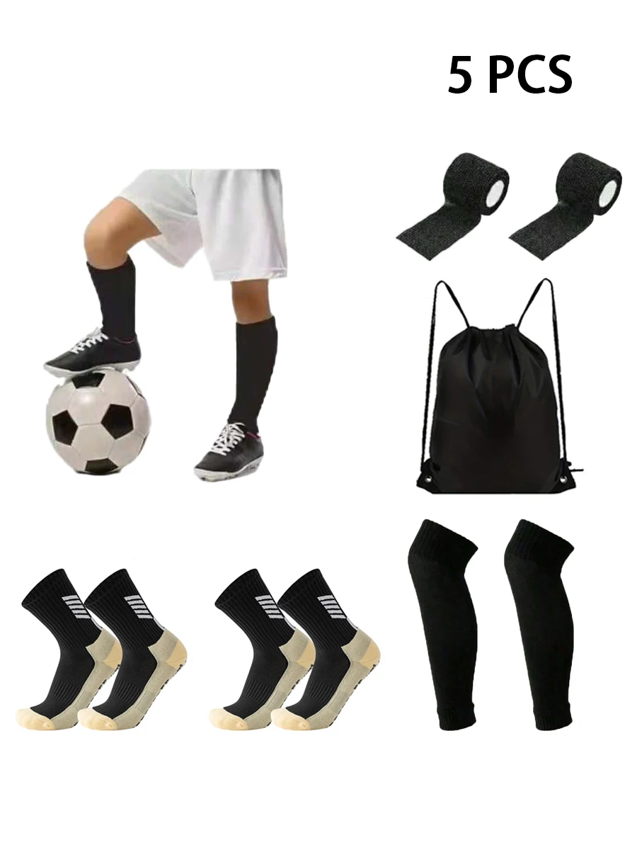 

Набор из 5 предметов для мужчин и женщин, спортивные нескользящие футбольные носки, уличные клейкие повязки, сумка для мяча на шнурке, чехол для ног, футбольное оборудование