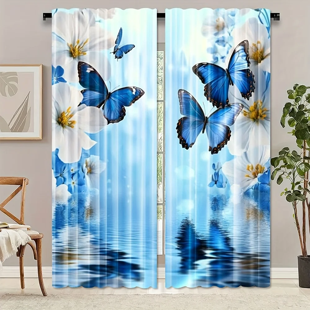 2 Pcs Farmhouse Blue & White Floral Butterfly Curtains – Wavy Water Design Rod Pocket for Bedroom Office Kitchen Study Decor