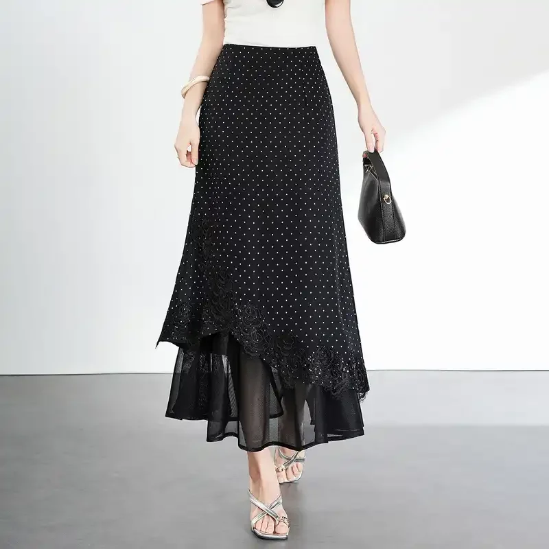 Polka Dot Asymmetrical Midi Skirt With Lace Trim And Layered Hem For Office And Evening Wear Elegant Style Women's Fashion
