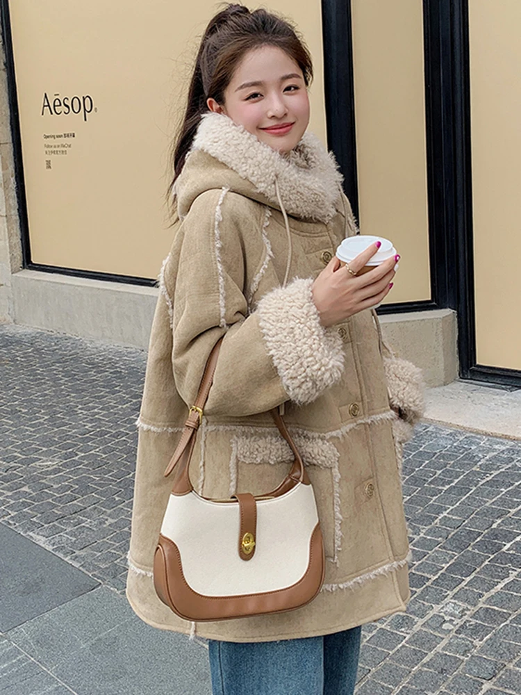 LANMREM Winter Warm Lamb Fur Jackets Women Hooded Spliced Design Pockets Coat Korean Style Female 2024 New Clothing 2VV383