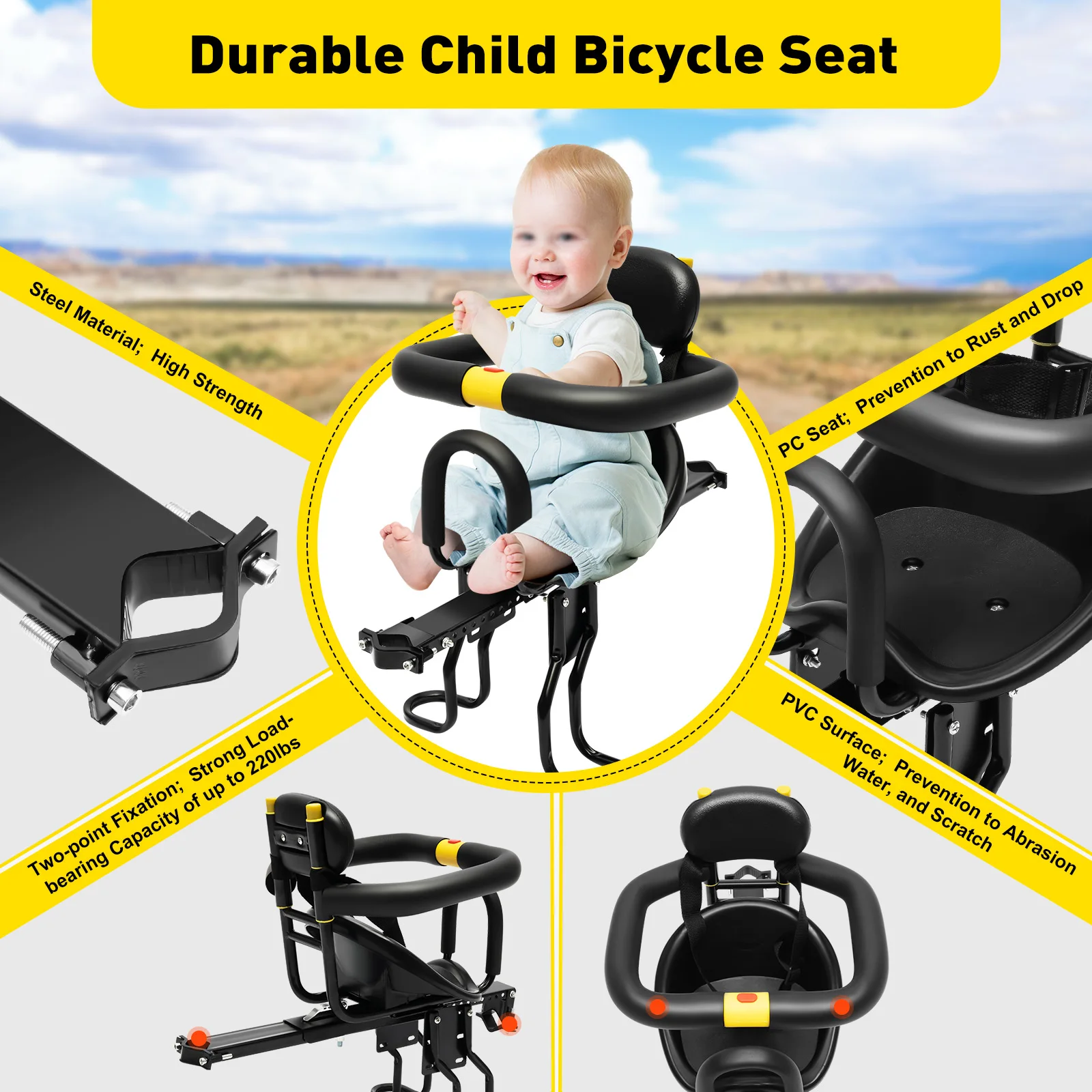 Asiento de bicicleta portátil para niños, asiento delantero negro para bicicleta, coche eléctrico, bicicleta de montaña