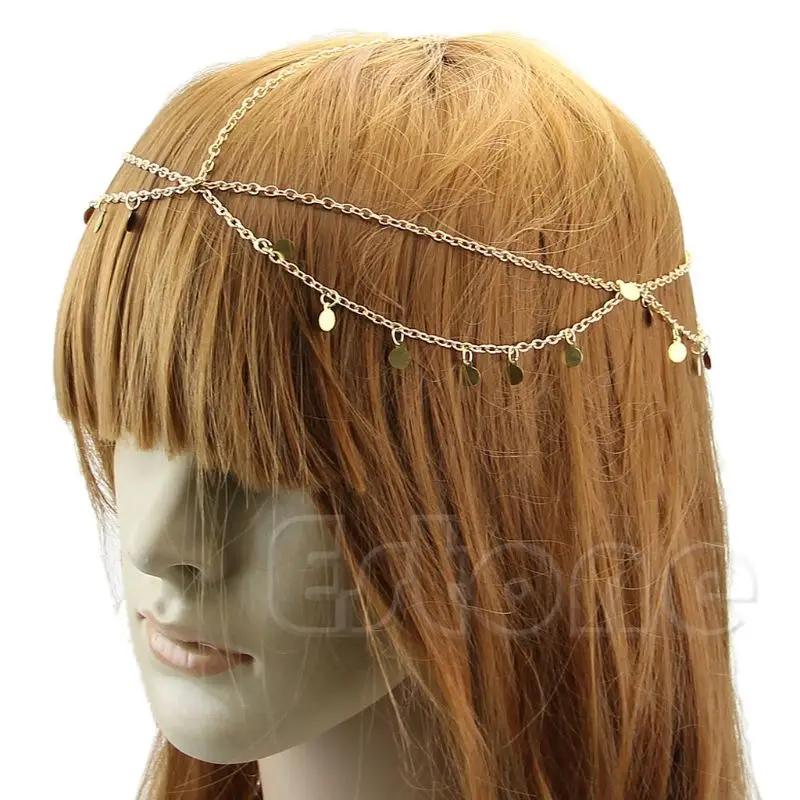 Diadema de joyería de cadena de cabeza de Metal de mujer de moda bohemia para cabello de pieza de cabeza