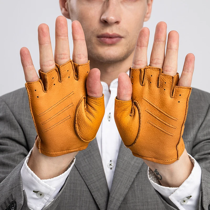 Primavera otoño hombres guantes de cuero genuino antideslizante medio dedo piel de cabra sin dedos gimnasio Fitness conducción guantes masculinos