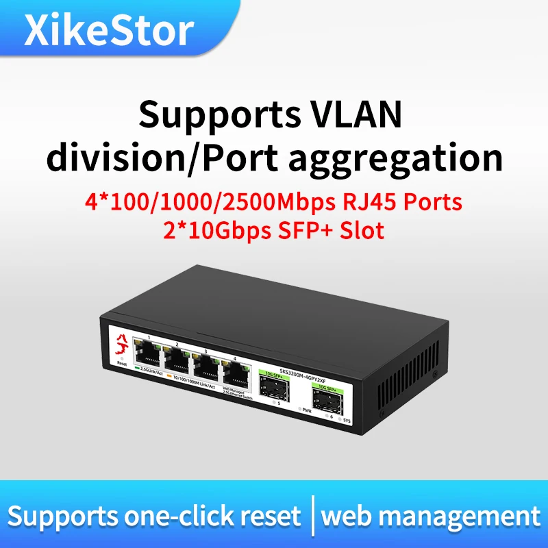 XikeStor 6-Port L2 Managed & Unmanaged & POE Ethernet Network Switch 2.5G RJ45 Ports 10G SFP+ Slots Switch Fanless Plug and Play