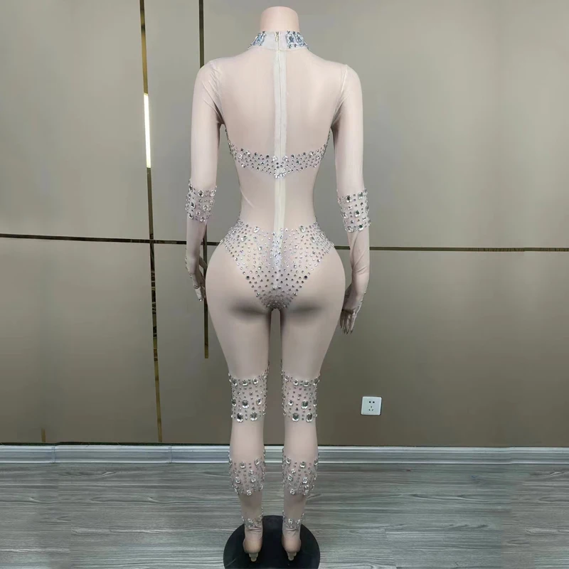 Vrouwen Party Strass Jumpsuit Handschoenen Kanten Jas Sexy Perspectief Gogo Dance Wear Nachtclub Ds Dj Drag Queen Kostuum XS7346