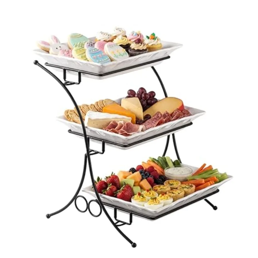 

Large Tiered Tray Stand 3 Tier Serving Tray Porcelain Baking Set with Serving Stand 3 Tier Buffet Server for Fruit Dessert Food