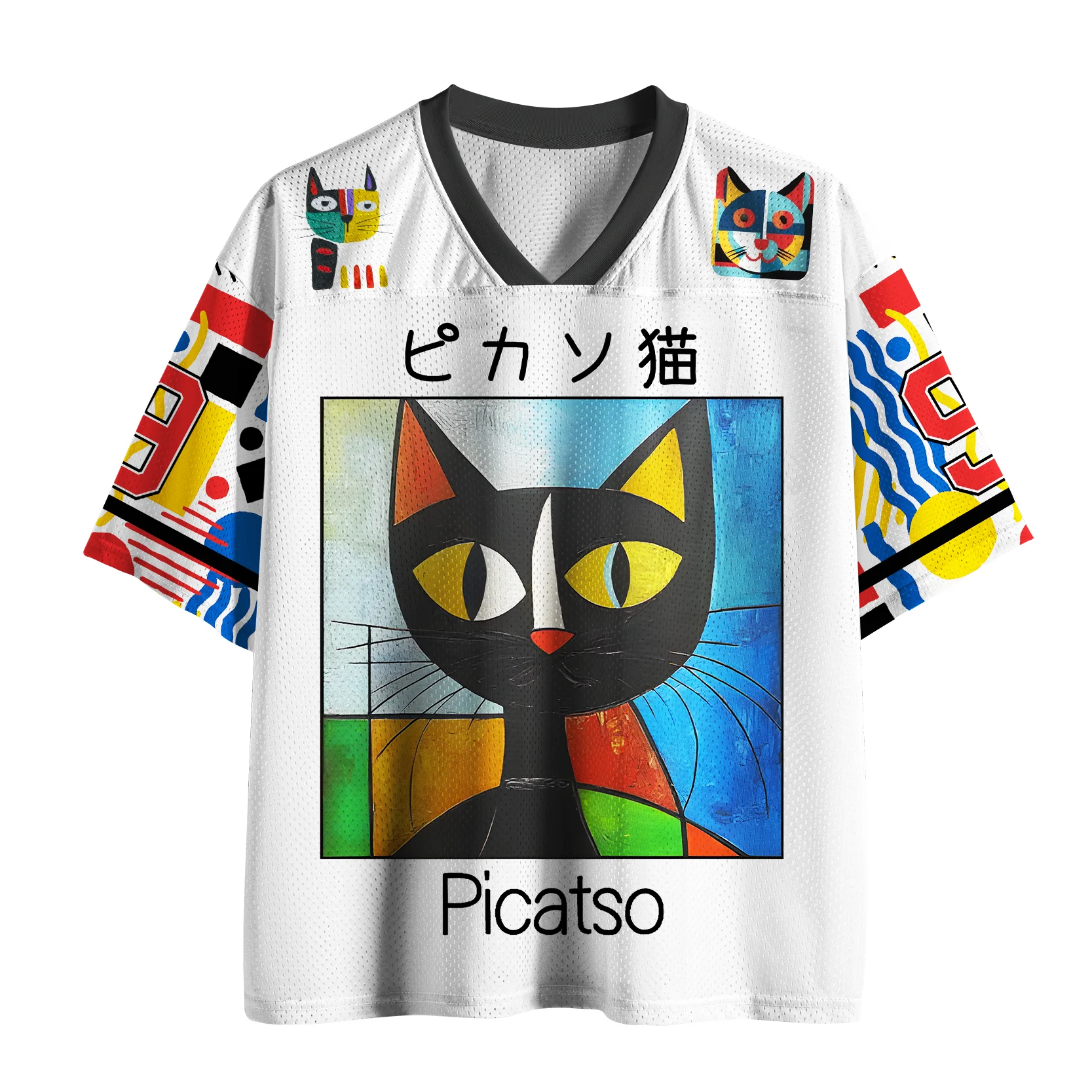 Picasso Cat Abstract Art Mesh-Shirt für Erwachsene und Kinder mit V-Ausschnitt Nr. 9 bedruckte Kurzarm-T-Shirts – Detail 2