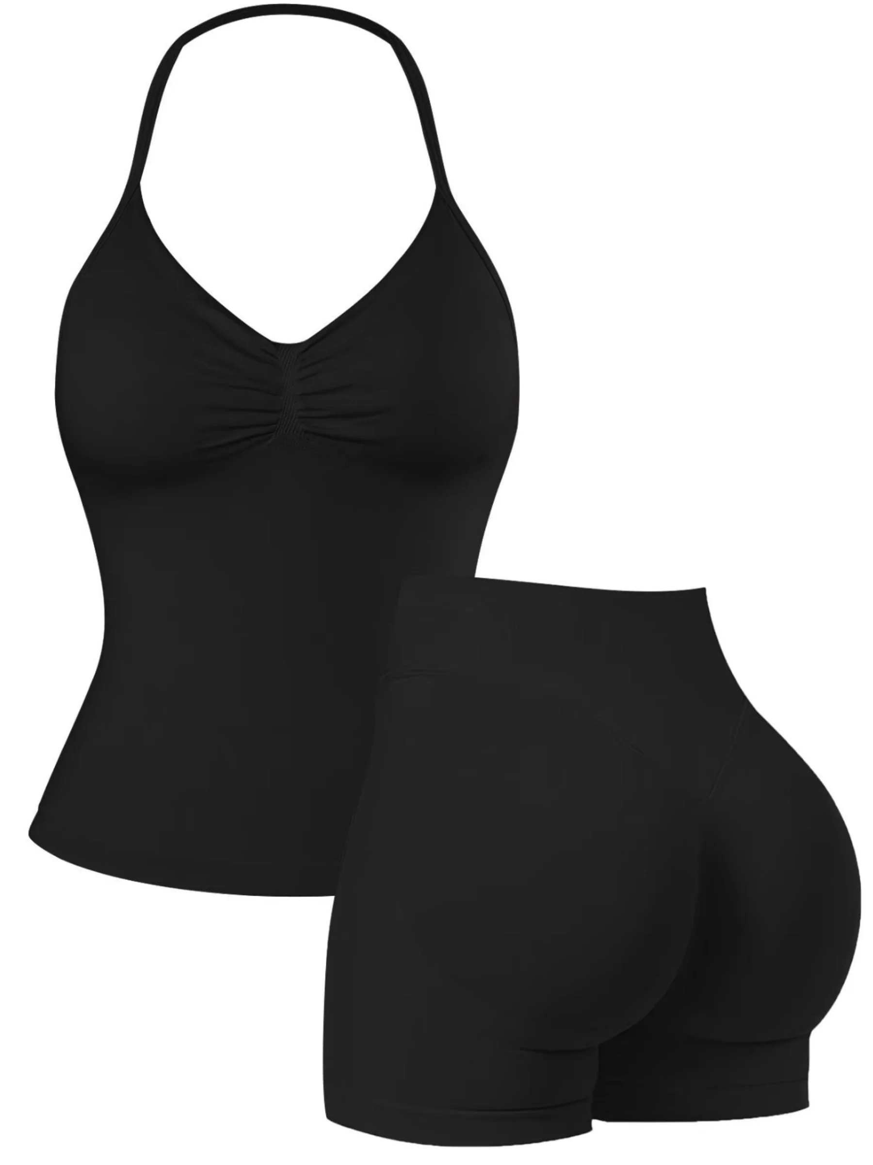 Women Spring Summer Halter V Neck Ruched Slim Yoga Outfit 2 Piece Set, High Waist Butt Lifting Tight Biker Shorts, Stretchy Butt
