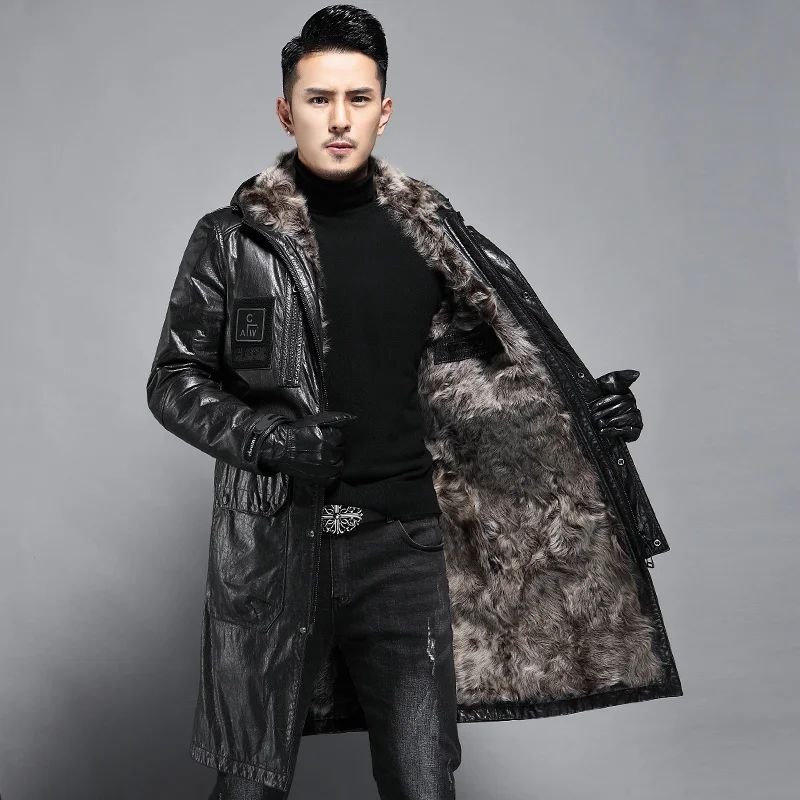 

2023 Winter New Arrival Genuine Leather Clothes Long Mens First Layer Cowhide Trench Coat Hooded Wool Liner Fur Jacket Men L-5XL