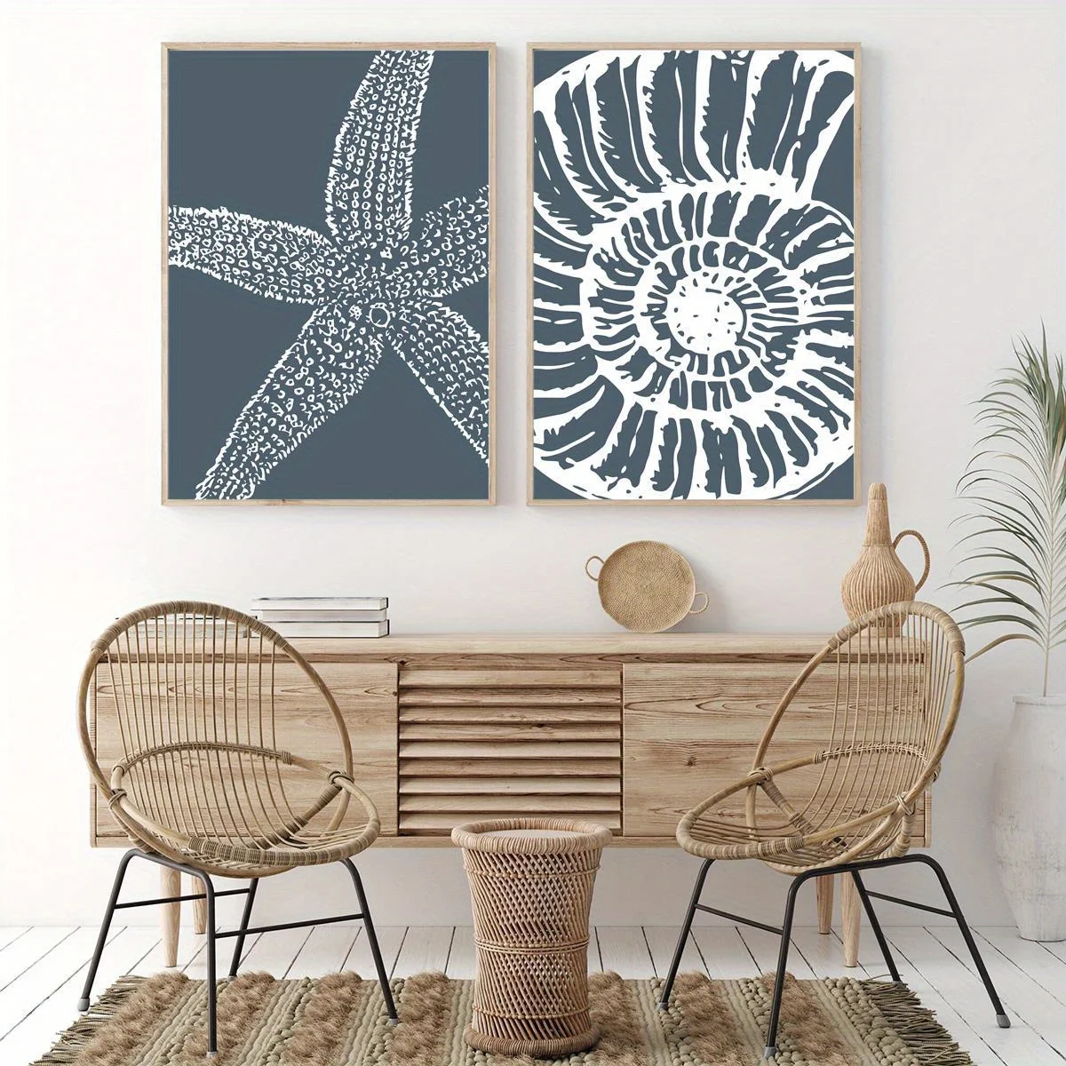 

2pcs Beach and Ocean Themes Canvas Posters with Starfish and Shell Pattern, 2D Frameless Canvas Art for Living Room Decortions
