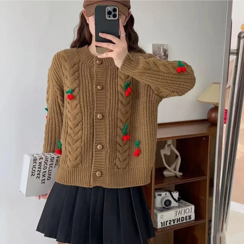 Cardigan Women Cherry Sweet O neck Sweater 2024 Autumn Winter New Women\'s Short Thickened Knitted Cardigan Loose Female Top