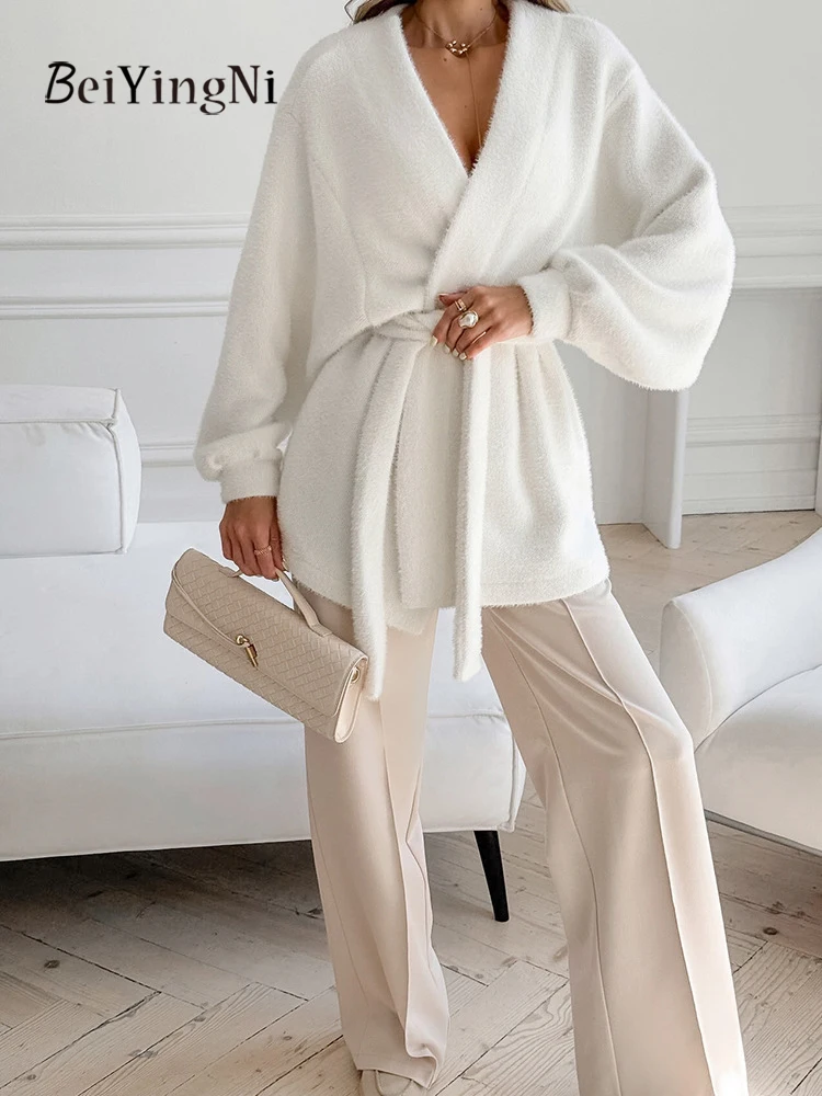 

Beiyingni Новое поступление, женские пальто, осень-зима, белые однотонные теплые повседневные женские кардиганы с поясом, куртки с v-образным вырезом и длинными рукавами