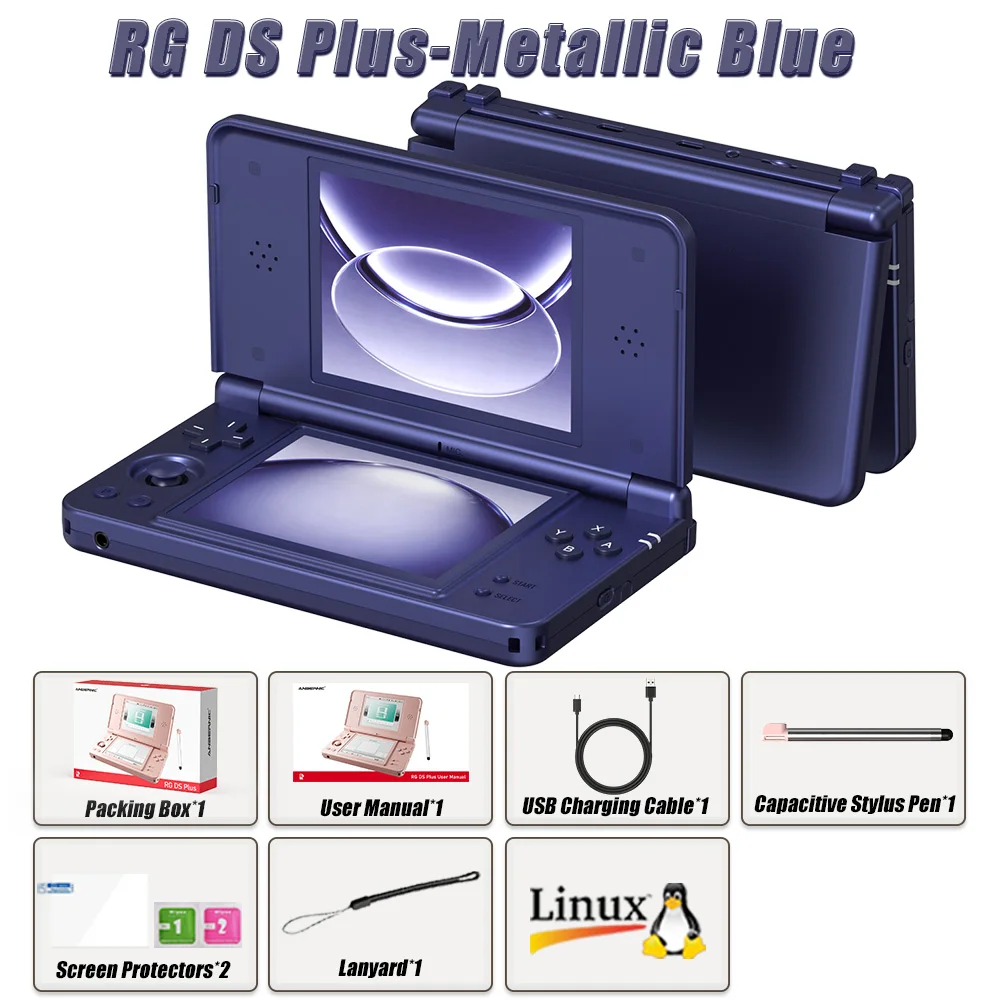 Anbernic RG DS Plus: draagbare retro-gameconsole met dubbel scherm, 4,3 inch IPS-scherm, RK3568-processor, Linux-besturingssysteem, 1 GB RAM, 16 GB TF-geheugen, WiFi, Bluetooth en een batterij van