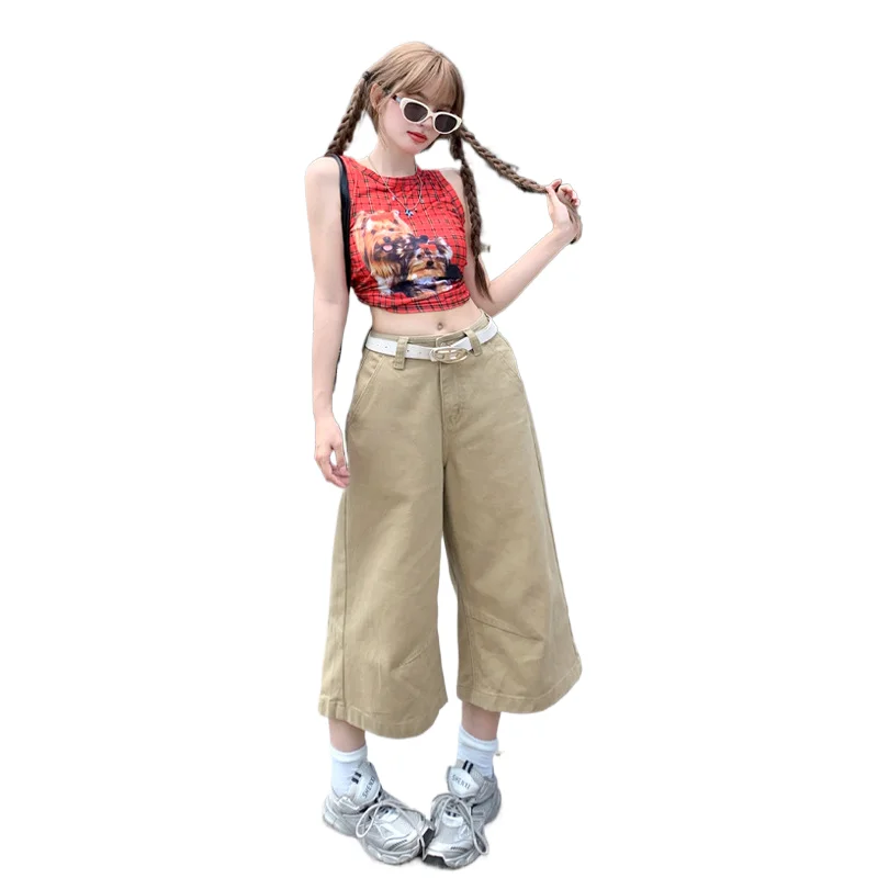 

Solid-color Retro Loose Wide-leg Seven-inch Jeans, Spring and Summer Fashionable Simple Comfortable Straight-leg Jeans for Women