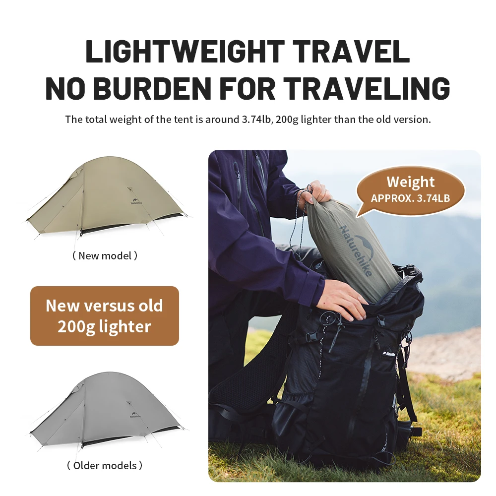 Naturehike-Cloudup Pro 2 Pessoas Tenda, Atualizado 20D, Impermeável, Acampamento ao ar livre, Caminhadas, Ultraleve, Anti-mosquito, Respirável, Abrigo Solar