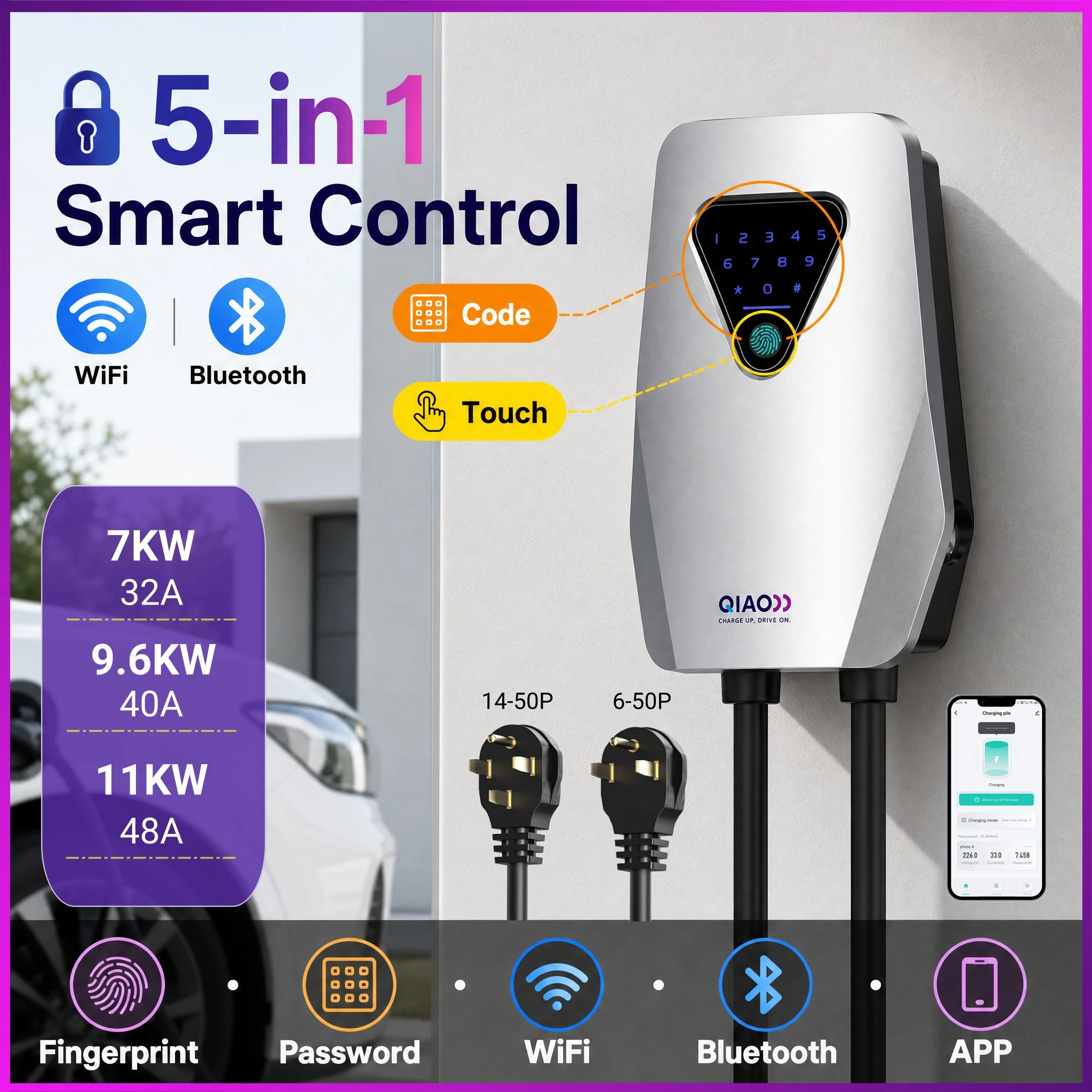 7KW 9.6KW 11KW Type1 EV Charger Wallbox Electric Vehicle Charger J1772 EVSE Charging Station WiFi Bluetooth APP Control 5m Cable