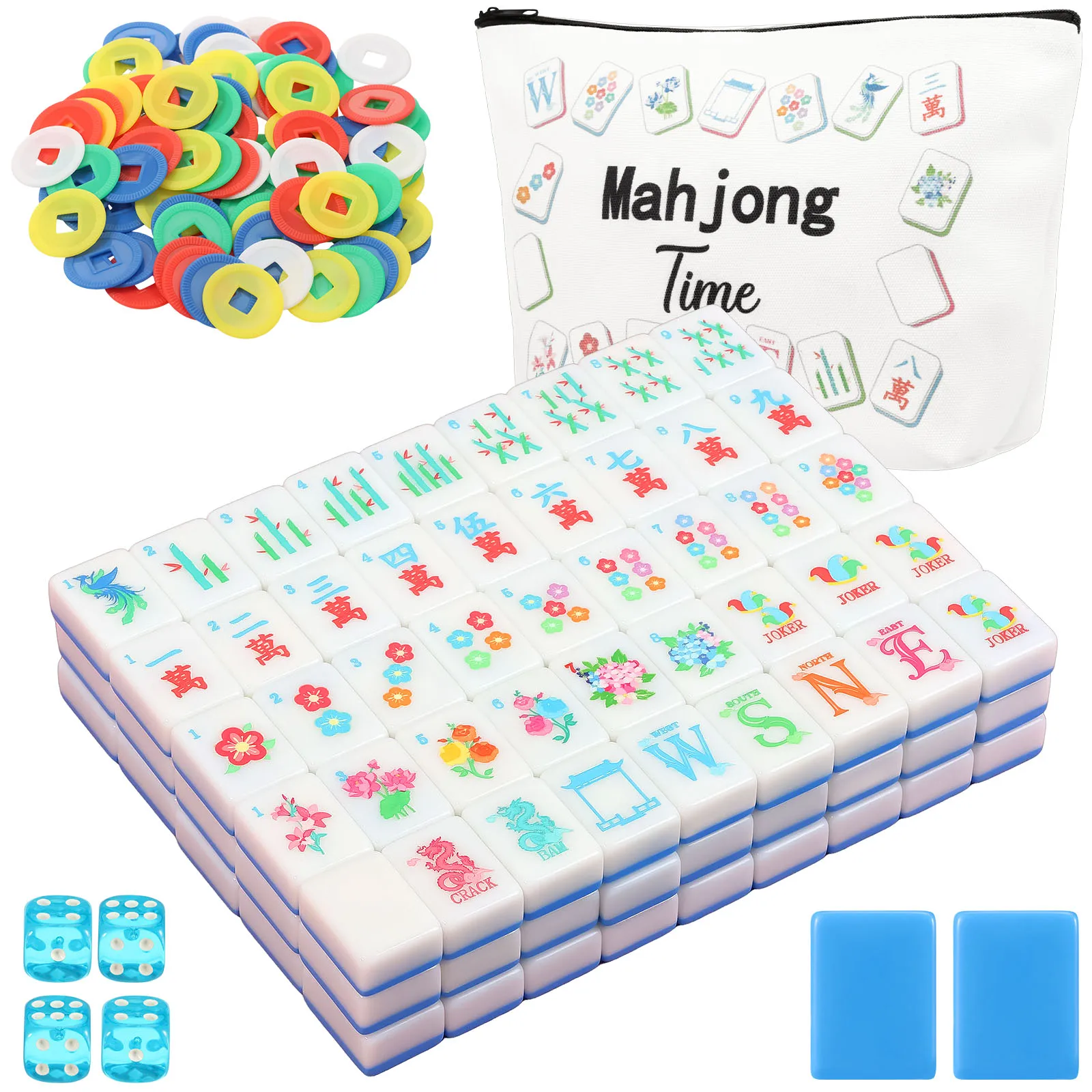 Amerikanisches Mahjong-Set mit 160 Steinen, 100 Chips, 4 Würfeln und 1 Reißverschlusstasche, Tragbares Brettspiel, Westliches Mahjong