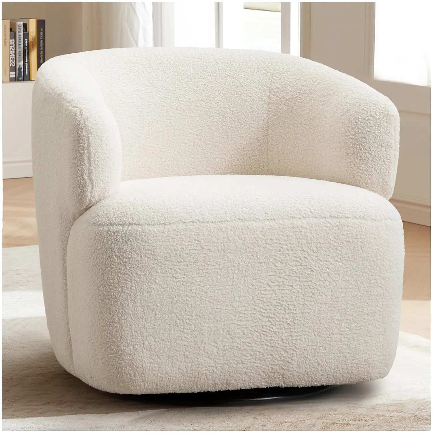Boucle Round Swivel Chair, Thick Padded 360° Silent Barrel Armchair for Living Room Bedroom Nook, Beige, Customized