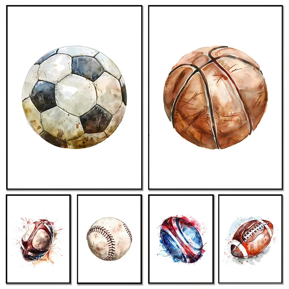 Vintage Sports Illustration Baseball Basketball Football Nursery Wall Art Poster Canvas Painting Print Picture Kids Room Decor