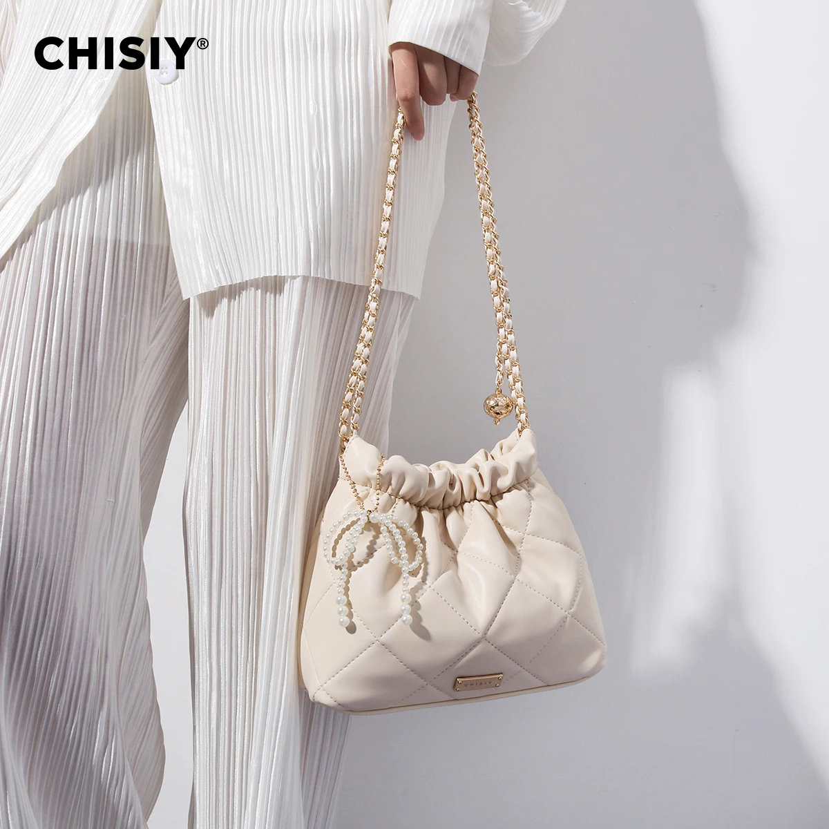 CHISIY Original Handmade Simple and Lightweight Butterfly Bow Linggefu Bag Rice White Shoulder Bag Suitable for Work and Travel