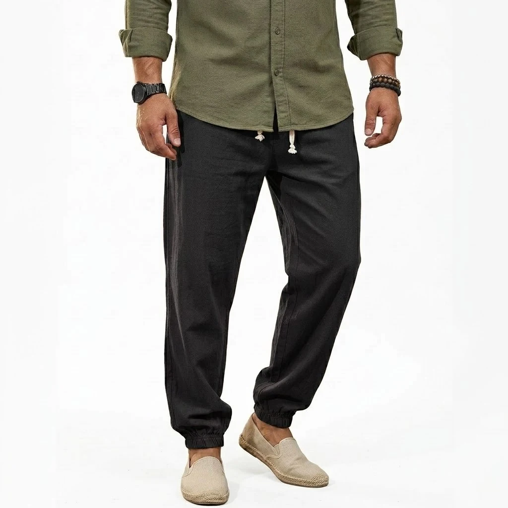 Autumn Men's Cotton Pants Casual Linrn Lightweight Joggers Elastic Drawstring Waist Sweatpants Loose Yoga Baggy Trousers Pockets
