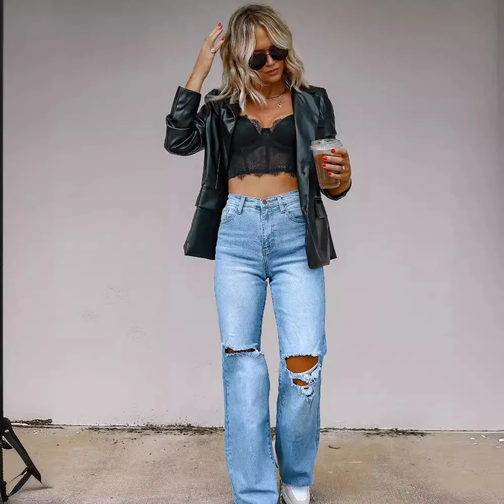 Slim Fit Ladies Jeans Cross-Border Sale Wish Bootcut Long Pants Casual Style Splice Process No Brand Natural Waist Denim Fabric