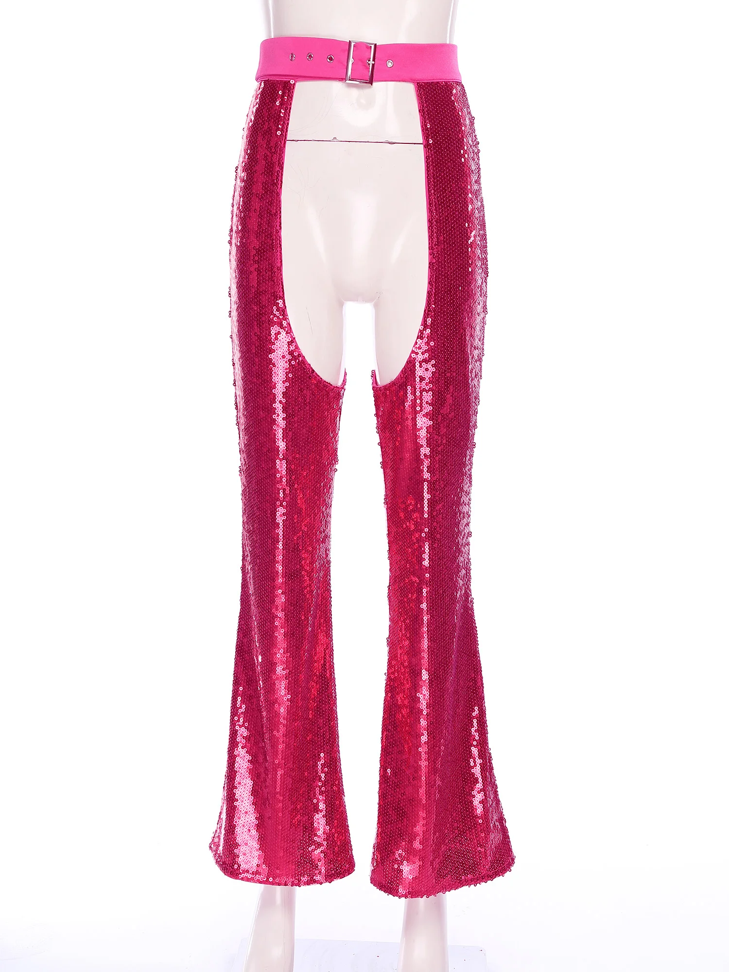 

Women Rave Chaps Halloween Glitter Sequin Cowgirl Chaps Adjustable Waist Crotch Hollow Out Flared Pants Trousers Club Masquerade