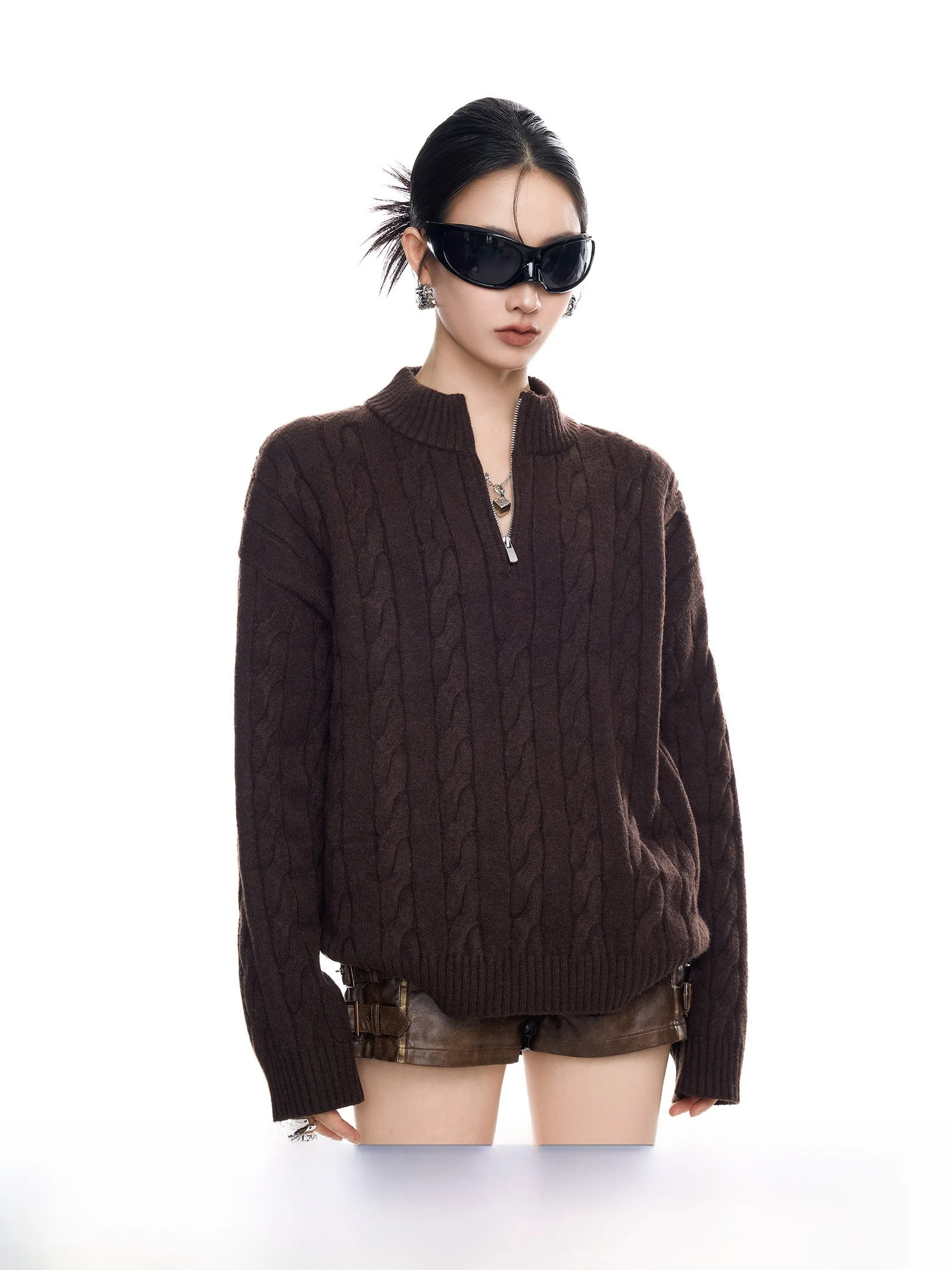 

Коричневый женский свитер на молнии в американском стиле преппи, весенний вязаный топ ICH MODE, повседневный, стандартный крой, онлайн-продажа