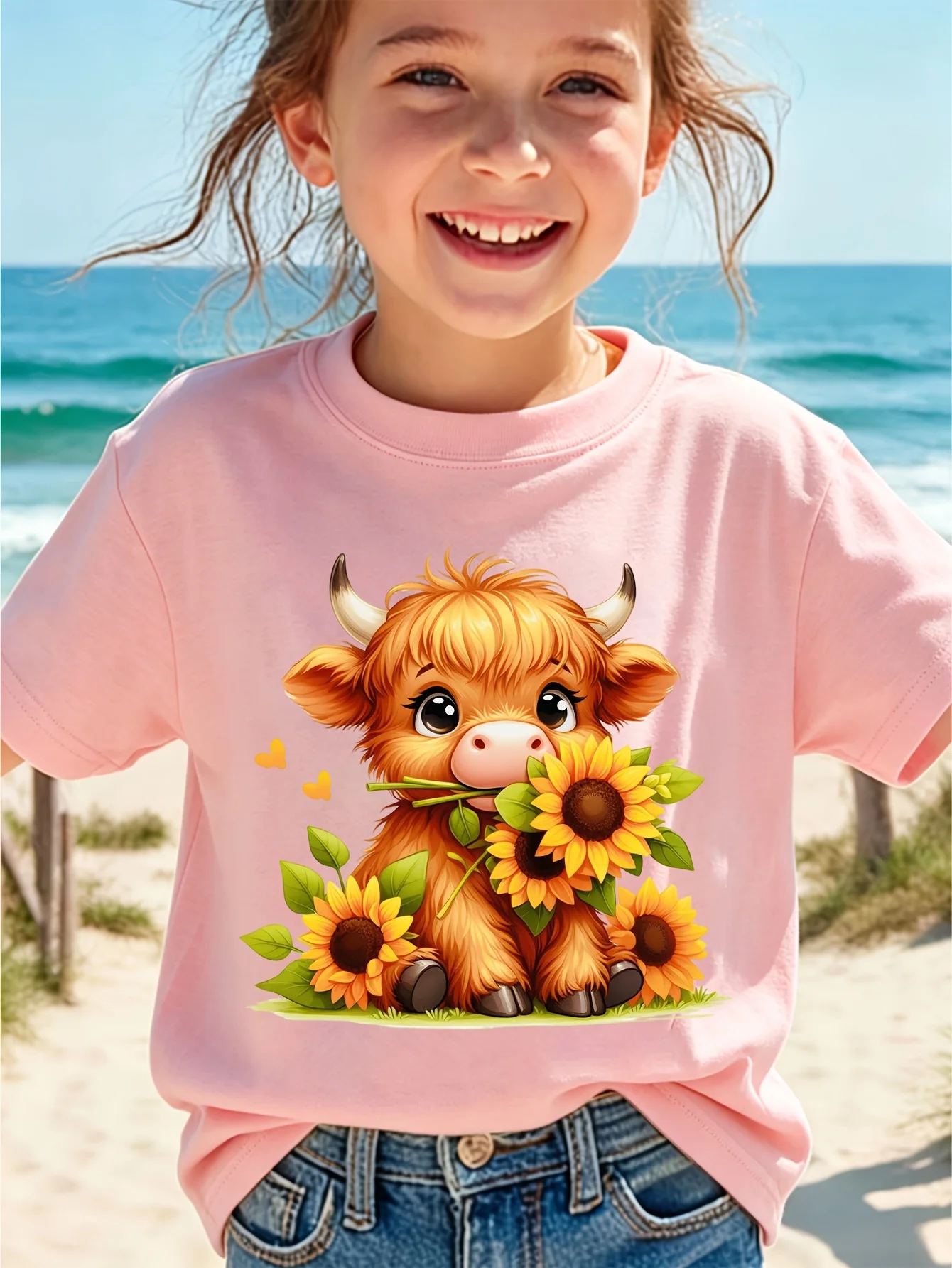 Kids Boys Girls T Shirt Cute Highland Cow Sunflower Print Short Sleeve Tee Family Matching Summer Beach Parent Child Tops