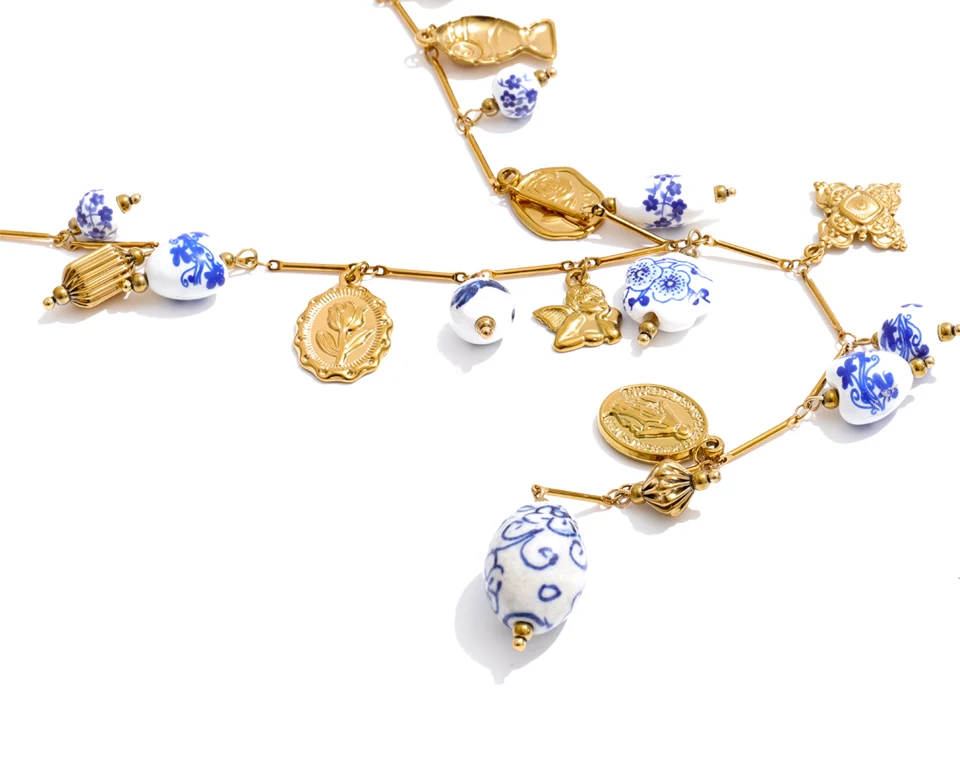 Yhpup Edelstahl-Keramik-Blumenherz-Anhänger Lange Halskette Exklusiver Stil Handgefertigte Perlen Sommer-Trend PVD-Schmuck – Detail 2