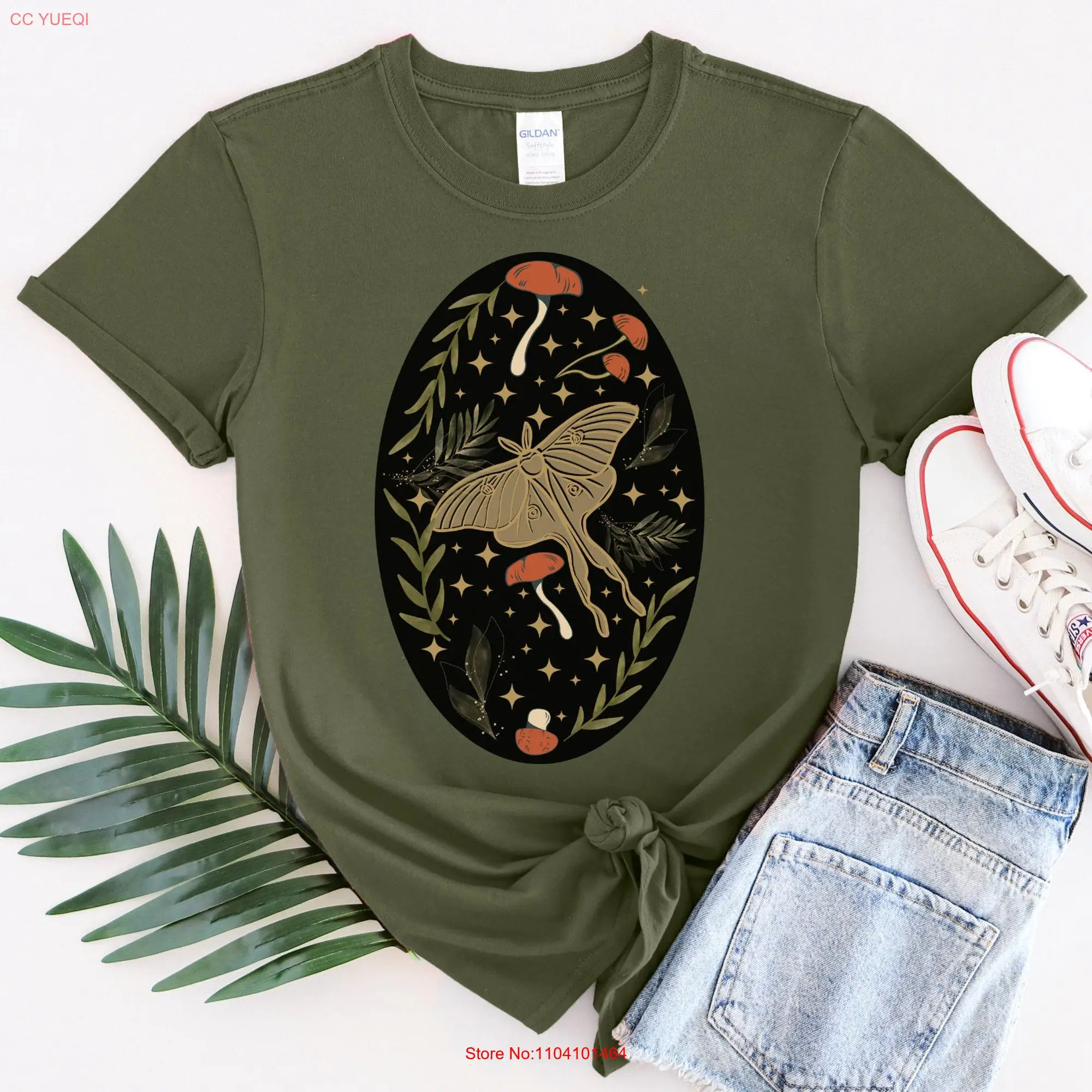 Luna Moth Toadstool Mushroom Greenery Stars Cottagecore Softstyle T Shirt long or short sleeves