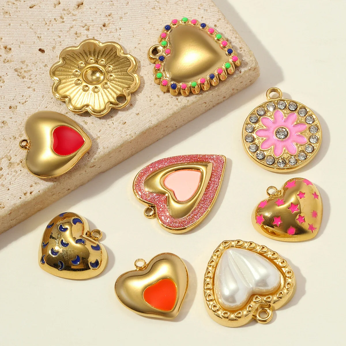 3pcs/Lot Stainless Steel Rhinestone Flower DIY Earring Charms Enamel Star Moon Necklace Pendants Heart Shoe Accessory Wholesale