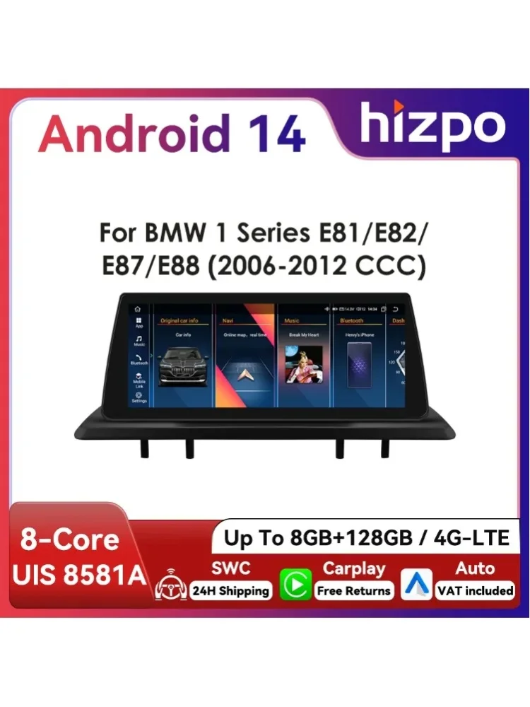 10,25 Zoll Hizpo Android Auto Autoradio für BMW 1er 2006 - 2012 E81 E82 E87 E88 CCC CIC Intelligenter CarPlay-Bildschirm 4G WiFi BT GPS Navi