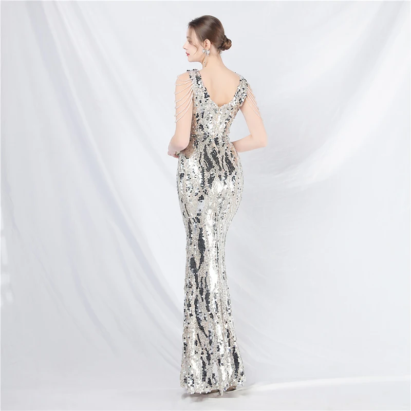 Women Sexy Elegant Sleeveless V Neck Backless Silver Gold Sequined Cocktail Prom Wedding Evening Party Long Maxi dresses