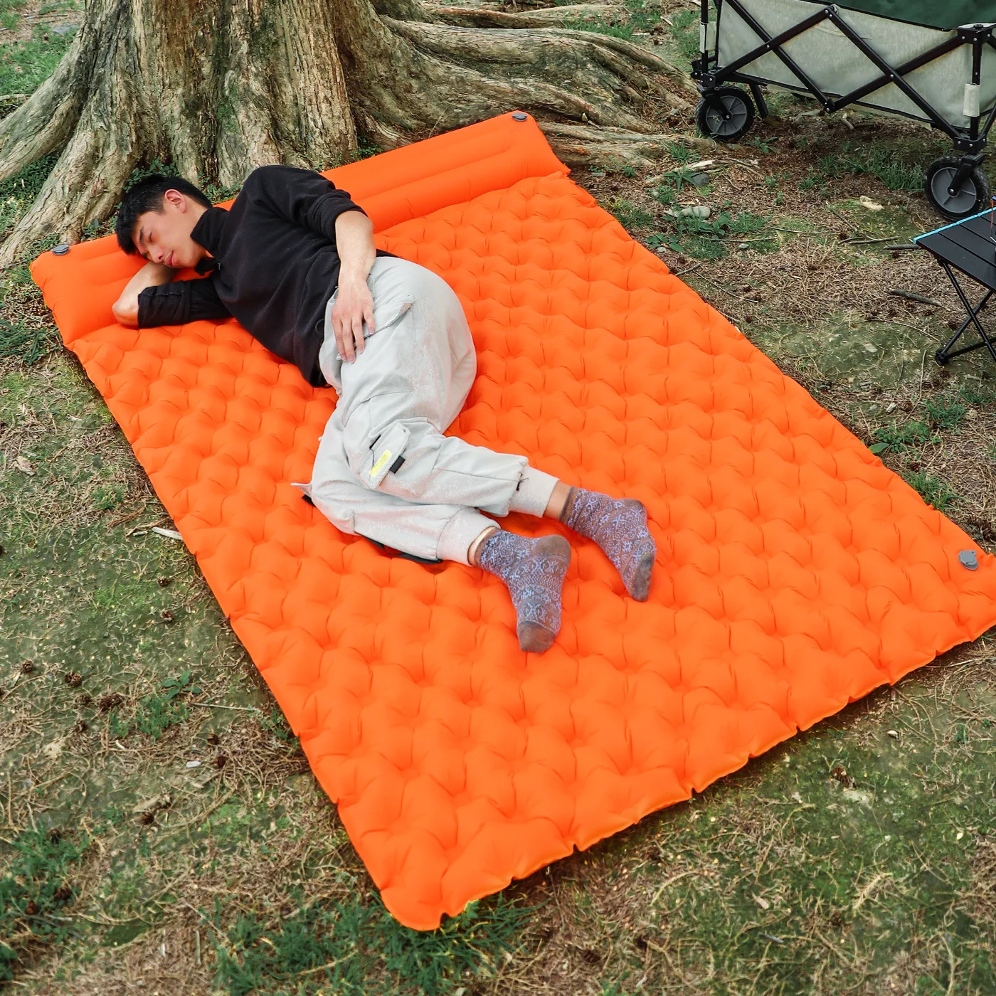 Colchoneta de dormir para acampar al aire libre con almohada, colchón inflable ultraligero, almohadilla impermeable gruesa con bolsa inflable para 2