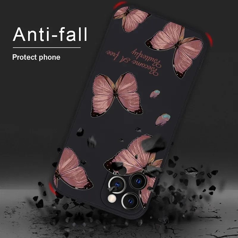 Capa de telefone de silicone Matte Soft TPU, flor borboleta, capa para iPhone 15, 14 Pro Max, 13, 12, 11, XS, X, XR, 7, 8 Plus, 13 Mini