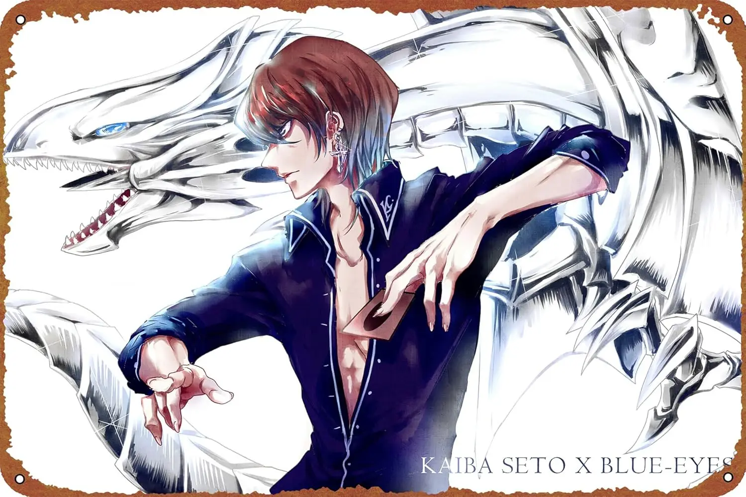 Yu Gi Oh! Seto Kaiba Blue Eyes White Dragon Poster Vintage Tin Sign Unique Metal Wall Decor for Home, Bar, Diner, Pub, 8 x 12 In
