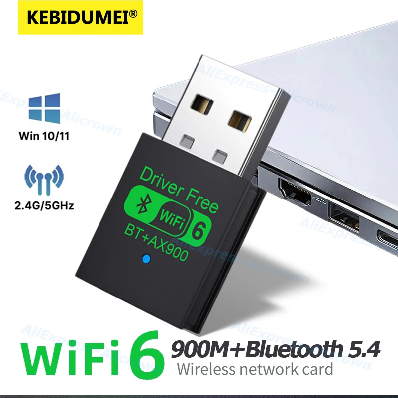 

900 Мбит/с Wi-Fi 6 AX900 USB-адаптер 2 в 1 Bluetooth 5,4 Сетевая карта 2,4G и 5 ГГц USB-ключ-приемник MIMO Бесплатный драйвер для ПК