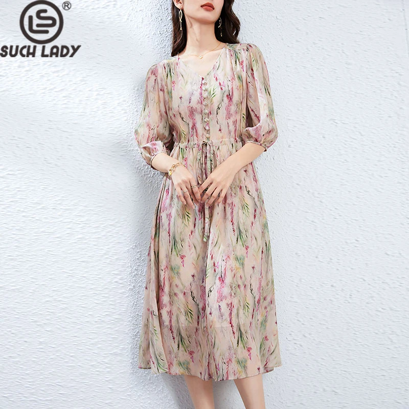 

100% Silk Women's Dresses Sexy V Neck Half Sleeves Printed Ruched Lace Up Elegant Fashion Mid Vestidos