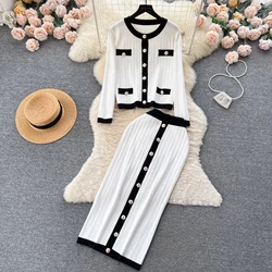 Chic Women Two-Piece Sets Slim O-neck Metal Buttons Knit Top and Sexy Pencil Skirt Korean High Street Autumn Winter Clothing