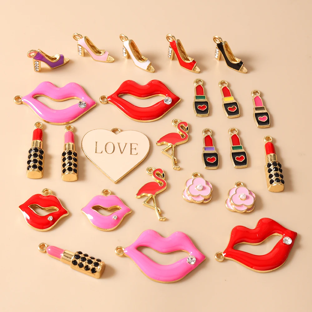 Leslie 20 piezas de dijes de esmalte mixtos con diseños de labios, flamencos y tacones altos para la fabricación de joyas, pendientes, collares y accesorios
