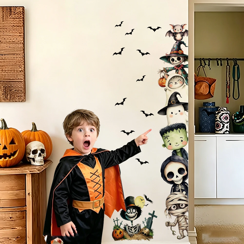 Cute Halloween Stack Character Wall Stickers Ghost Mummy Skeleton Bat Pumpkin Decals Self‑Adhesive Kids Party Home Wall Decor